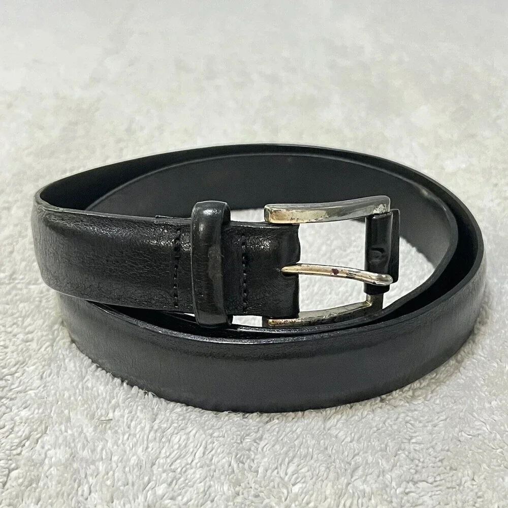 Mens Black Thick Leather Belt 36 Silver Buckle 1”Vintage Classic Grunge Goth